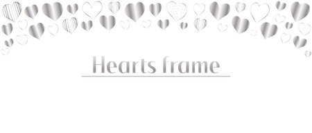 Horizontal up frame of silver gradient hand draw hearts. Decorative kid's heart frame for design of postcards, posters. Love horizontal banner design. Isolated on white background.のイラスト素材