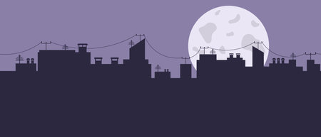 Horizontal city black panorama with violet sky and big full moon on back. Silhouettes of high-rise buildings on city street with antennas, wires. Full moon night in city.のイラスト素材