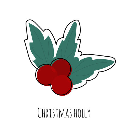 Cute Christmas clip art with holy berries. Symbol of New Year and Christmas. Flat modern style with linear elements. Isolated on white. Christmas red berries with green leaves.のイラスト素材