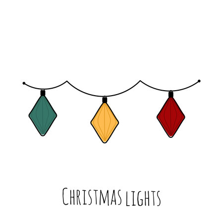 Cute Christmas lights garland. Symbol of celebration, Christmas, Birthday. Lights garland in flat style isolated on white back. Holiday element decoration for banner.のイラスト素材