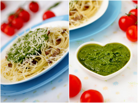 Italian pasta collage with pesto sauce の写真素材