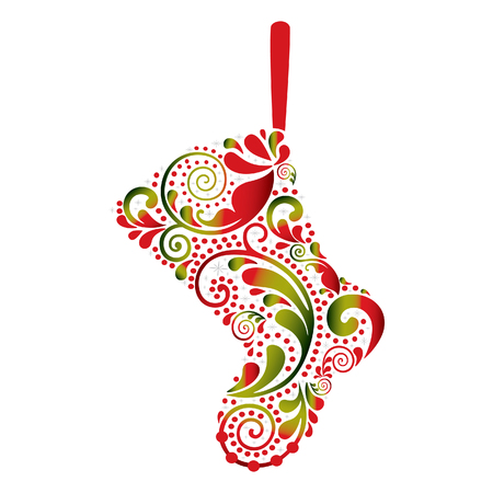 Santa Claus sock. Isolated object. On a white background. Santa boots background. Flower pattern. Christmas gift. Print.のイラスト素材