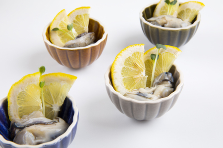 lemon slices and oysters.の写真素材