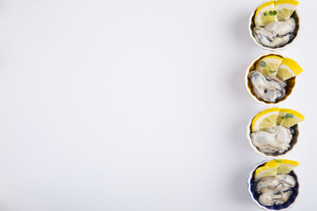 Raw fresh oysters with lemon slices_copy space.の写真素材