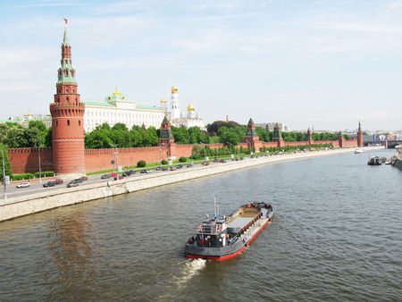 Kremlin Palace and Moskva-river in Moscowの写真素材