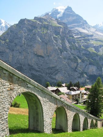  Mountain rail road in Muerren, famous Swiss skiing resort in Shilthorn region  の写真素材
