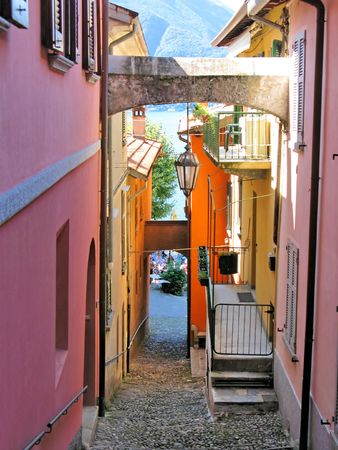 Narrow street of Varenna town at the lake Como, Italyの写真素材