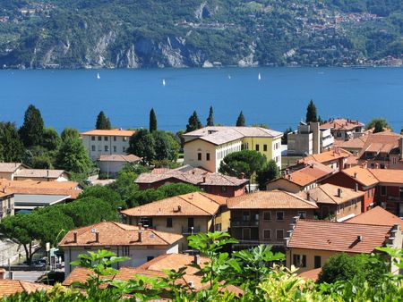 Menaggio town against famous Italian lake Como の写真素材