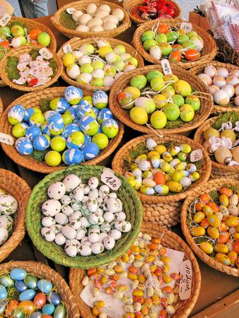 Easter eggs in the basketsの写真素材