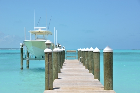 Yacht at the wooden jetty. Exuma, Bahamasの写真素材
