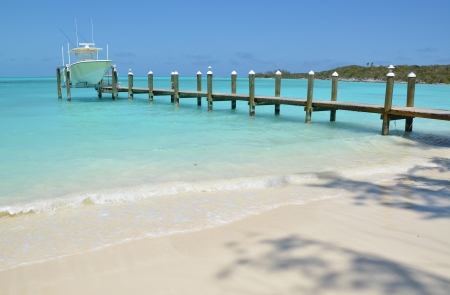 Yacht at the wooden jetty. Exuma, Bahamasの写真素材