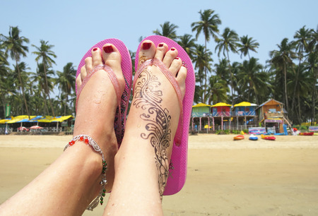Henna tattoo on the foot. Palolem beach of South Goa, Indiaの写真素材
