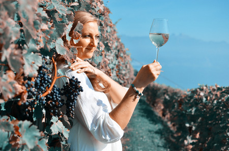Girl in the vineyards. Lavaux, Switzerlandの写真素材