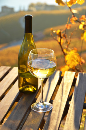 Wine against vineyards in Lavaux, Switzerlandの写真素材