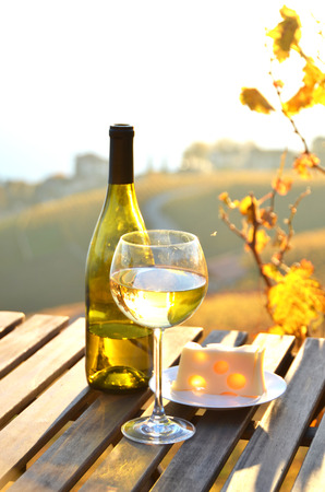 Wine and cheese against Geneva lake, Switzerlandの写真素材