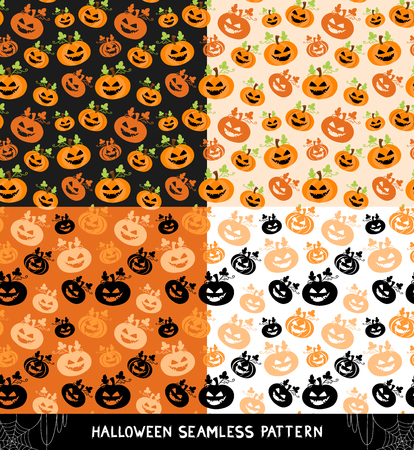 Set of Halloween seamless patterns. Halloween seamless background with pumpkins. Cute Halloween textures. Vector illustration.のイラスト素材