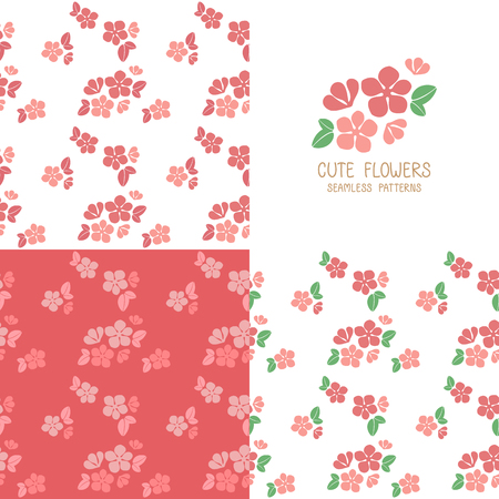Set of seamless red flowers patterns. Cute floral texture. Vector illustration.のイラスト素材