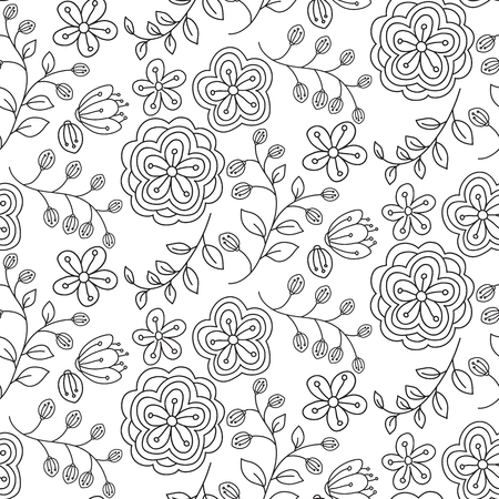 Seamless pattern with hand drawn flowers, black and white floral texture, vector illustrationのイラスト素材