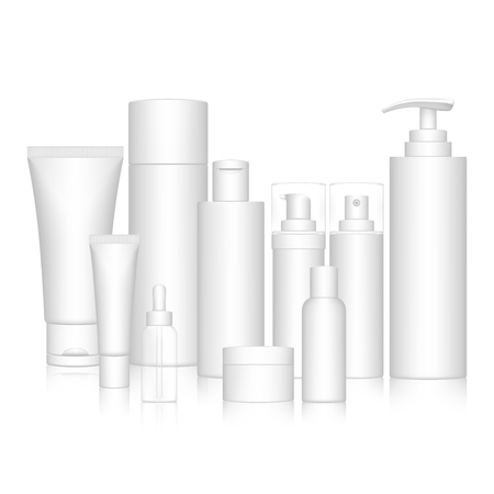 Cosmetic Bottle Set isolated on white background. Skin care bottles for liquid, cream, gel, lotion. Beauty product package, vector illustration.のイラスト素材