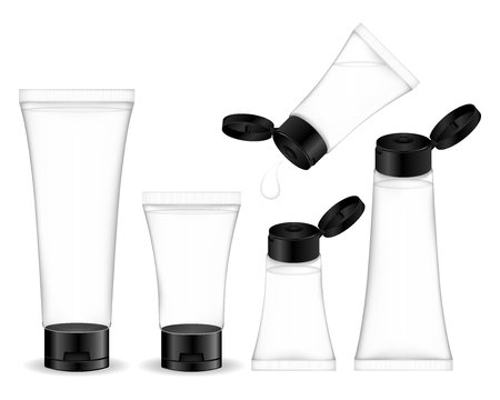 Cosmetic plastic tube isolated on white background. Cosmetic container for gel, liquid, foam. Beauty product package, vector illustration.のイラスト素材