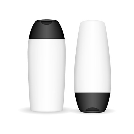 Shampoo bottle isolated on white background. Cosmetic bottle for liquid, shampoo, bath foam. Beauty product package, vector illustration.のイラスト素材
