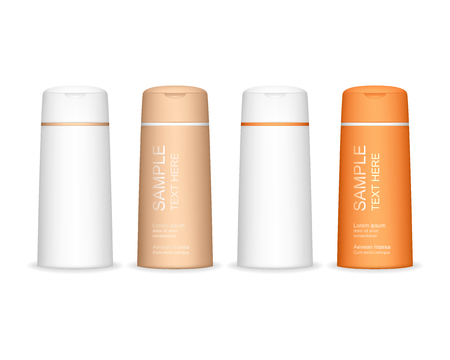 Shampoo bottle isolated on white background. Cosmetic bottle for liquid, shampoo, bath foam. Beauty product package, vector illustration.のイラスト素材