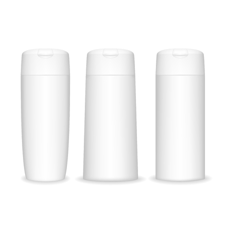 Shampoo bottle isolated on white background. Cosmetic bottle for liquid, shampoo, bath foam. Beauty product package, vector illustration.のイラスト素材