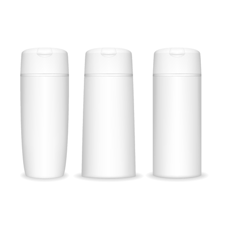 Shampoo bottle isolated on white background. Cosmetic bottle for liquid, shampoo, bath foam. Beauty product package, vector illustration.のイラスト素材