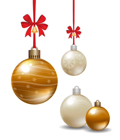 Christmas balls with red ribbon and bow isolated on white background. Vector illustration.のイラスト素材