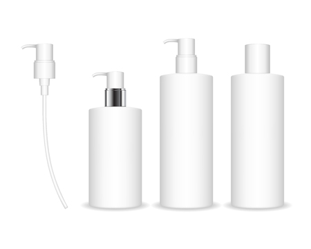 Cosmetic plastic bottle with white dispenser pump. Cosmetic container for gel, liquid, lotion, cream, shampoo, bath foam. Beauty product package, vector illustration.のイラスト素材