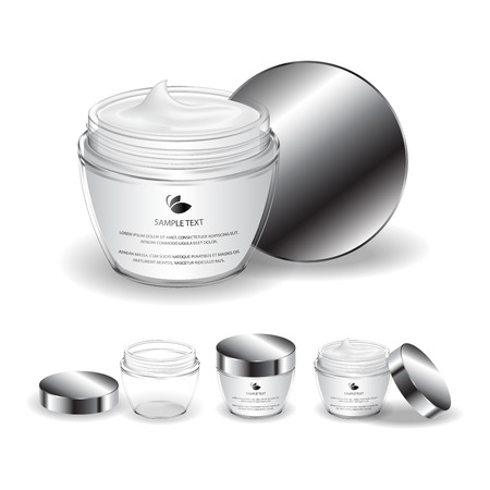 Cream jar isolated on white background. Cosmetic transparent bottle. Beauty product package. Vector illustration.のイラスト素材
