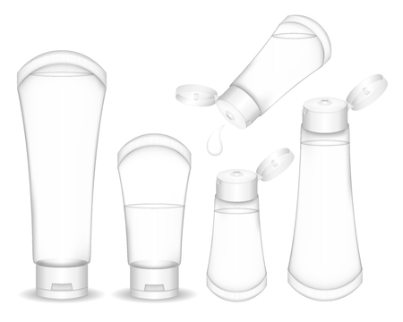 Transparent cosmetic tube for cream, gel, liquid, foam. Beauty product package. Vector illustration.のイラスト素材