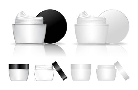 Cream jar isolated on white background. Transparent skin care bottle. Beauty product package. Vector illustration.のイラスト素材