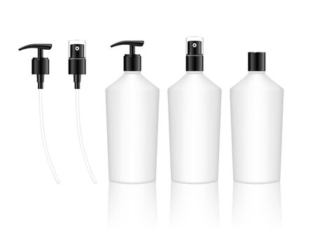 Cosmetic plastic bottle with spray, dispenser pump caps. Skin care bottles for shower gel, liquid soap, lotion, cream, shampoo, bath foam. Beauty product package. Vector illustration.のイラスト素材