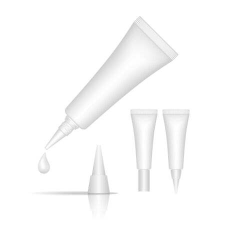 Cosmetic plastic tube isolated on white background. Skin care tubes for gel, liquid, lotion, cream, sunscreen. Beauty product package, vector illustration.のイラスト素材