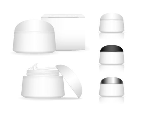 Cosmetic plastic jar with box isolated on white background. Skin care bottles for gel, liquid, lotion, cream. Beauty product package, vector illustration.のイラスト素材
