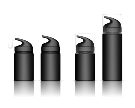 Cosmetic plastic bottle with dispenser pump. Skin care bottles for gel, liquid, lotion, cream, shampoo, bath foam. Beauty product package. Vector illustration.のイラスト素材