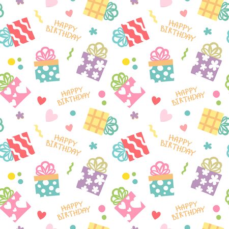Gift Seamless Pattern with Happy Birthday phrase, hearts, and little flowers. Vector Illustration.のイラスト素材