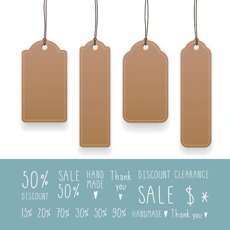 Collection of empty hanging tags with rope. Kraft paper labels. Vector illustration.のイラスト素材