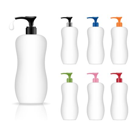 Cosmetic plastic bottle with dispenser pump. Liquid container for gel, lotion, cream, shampoo, bath foam. Beauty product package, vector illustration.のイラスト素材