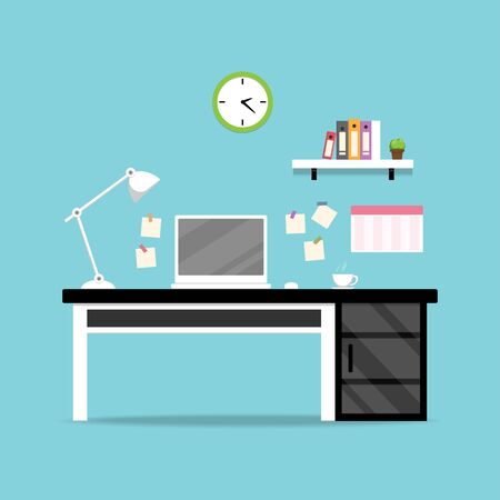 Office desk with white laptop. Workspace room with table, computer, lamp, book shelf, document files and hot cup of coffee . Flat style design. Vector illustration.のイラスト素材