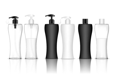 Cosmetic plastic bottle with dispenser pump. Liquid container for gel, lotion, cream, shampoo, bath foam. Beauty product package, vector illustration.のイラスト素材