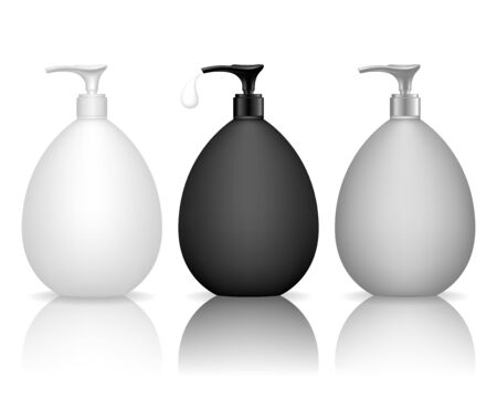 Cosmetic plastic bottle with dispenser pump. Liquid container for gel, lotion, cream, shampoo, bath foam. Beauty product package, vector illustration.のイラスト素材
