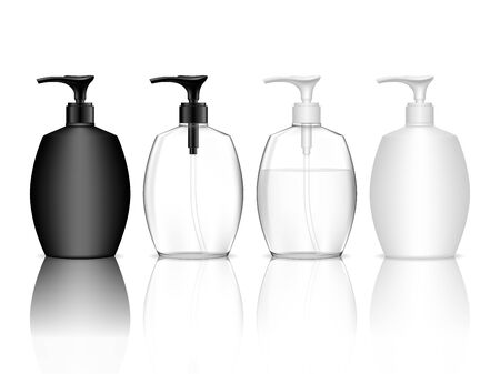 Cosmetic plastic bottle with dispenser pump. Liquid container for gel, lotion, cream, shampoo, bath foam. Beauty product package, vector illustration.のイラスト素材