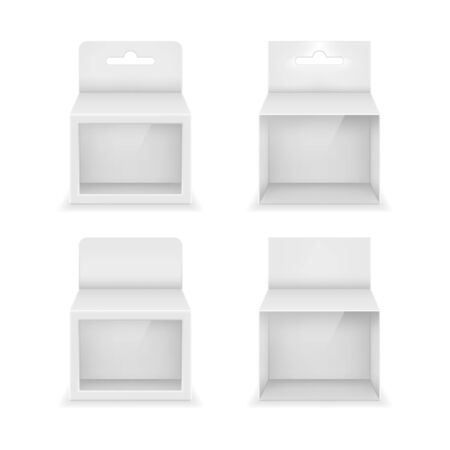 Paper white packaging box with transparent window and hanging hole. Blank product package template. Vector illustration.のイラスト素材