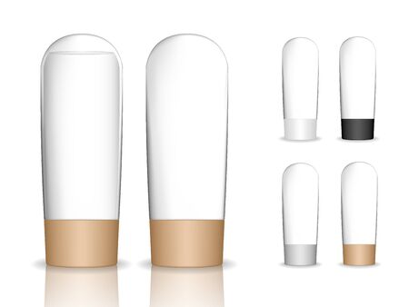 Transparent cosmetic plastic tube isolated on white background. Skin care bottles for gel, liquid, lotion, cream. Beauty product package. Vector illustration.のイラスト素材