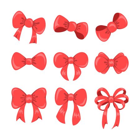 Collection of shiny red ribbon bow isolated on white background. Vector Illustration.のイラスト素材