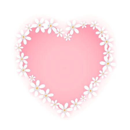 Sweet flower frame isolated on white background. Pink heart badge shape with cute white floral border. Vector illustration.のイラスト素材