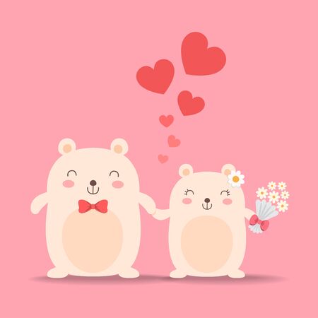 Little cute bears in love, wedding couple. Vector illustration.のイラスト素材
