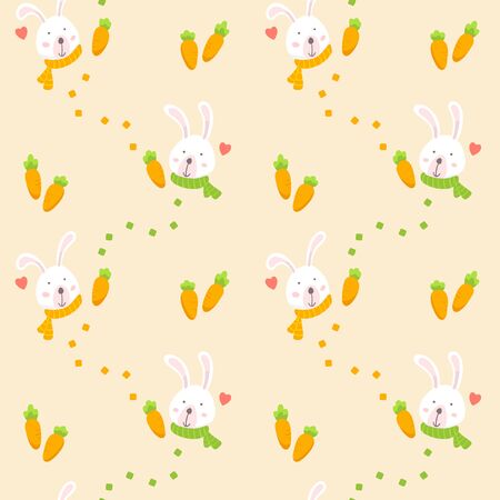 Seamless pattern with white rabbit and carrot. Cute cartoon bunny wallpaper background. Vector Illustration.のイラスト素材